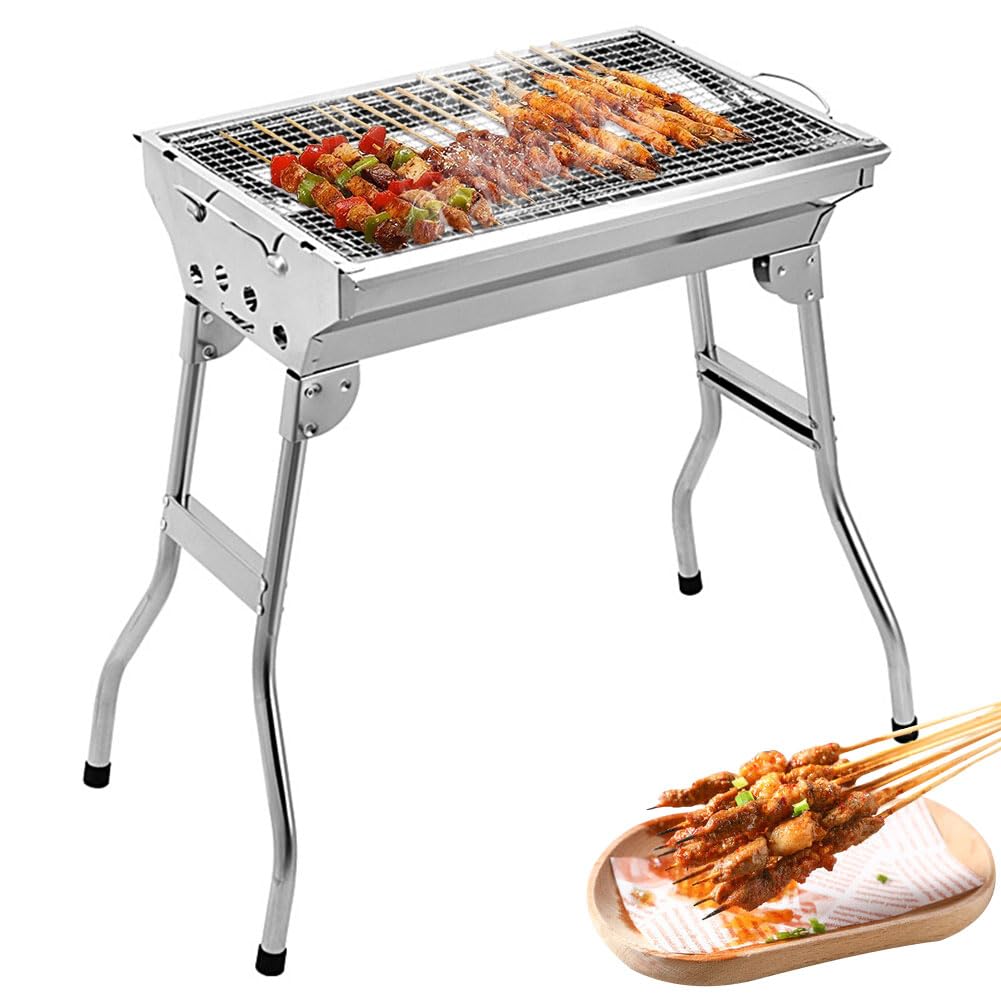Portable Charcoal Grill, Foldable Barbecue Grill, Stainless Steel Folding BBQ Grill and Smoker for Outdoor Camping Hiking Picnic Garden Beach Party Fit 3-7 People, 25x13x22.4Inch