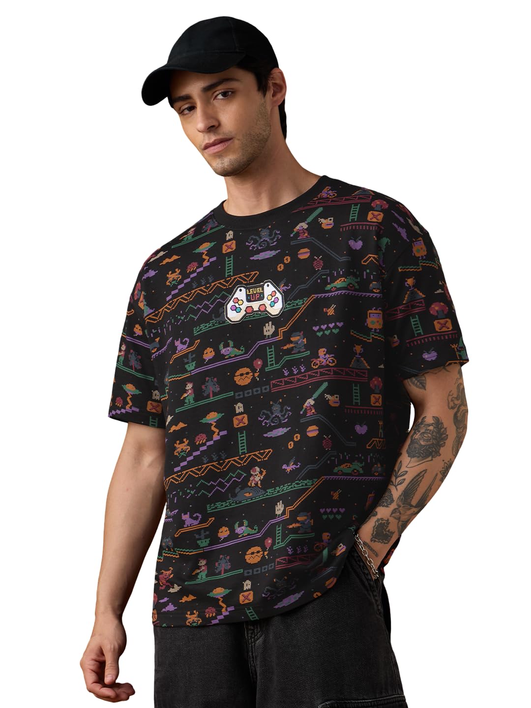 The Souled Store Camiseta de gran tamaño: Level-Up hombres y niños, manga corta, cuello redondo, estampado gráfico negro, hombros caídos, estampado de videojuegos, camiseta informal de algodón de gran