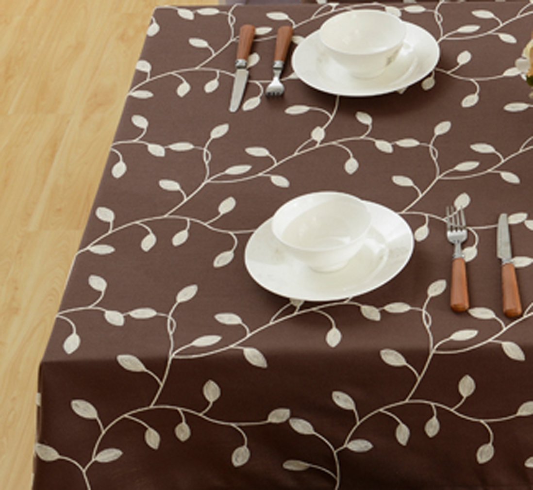 Tina's Cotton Linen Tablecloth Leaf Embroidered Table Cover for Dinner Kitchen Coffee, 60"x120"