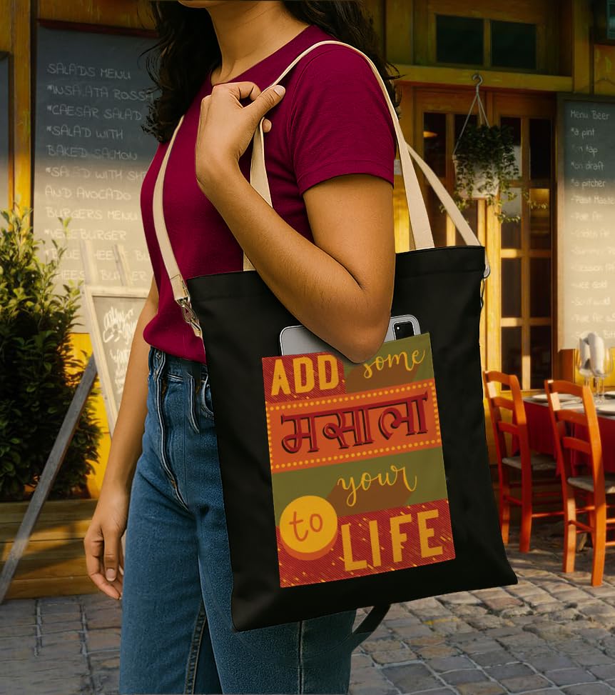 Image of ZORI Black Sling Tote Bag With Pocket and with Beige Straps, Tote Bags For Women large capacity,Tote bag For Shopping, College, Travel, More Canvas Handbag For Unisex