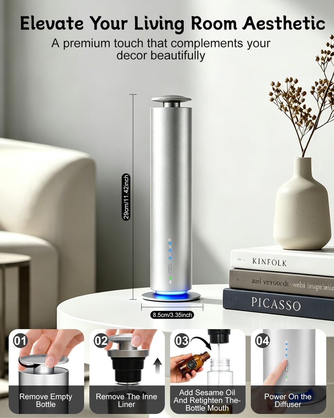 JEKAL Waterless Essential Oil Diffuser, Smart Cordless Scent Machine | 2000 sq.ft coverage, 120ml oil bottle, 8H cordless operation, App & remote control, includes 5 hotel-inspired oils, Silver