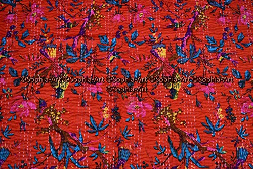 Sophia-Art Bird Print Queen Size Kantha Quilt Kantha Blanket, Bed Cover, King Kantha Bedspread, Bohemian Bedding Kantha Size 90 Inch X 108 Inch (Red) #TOP6