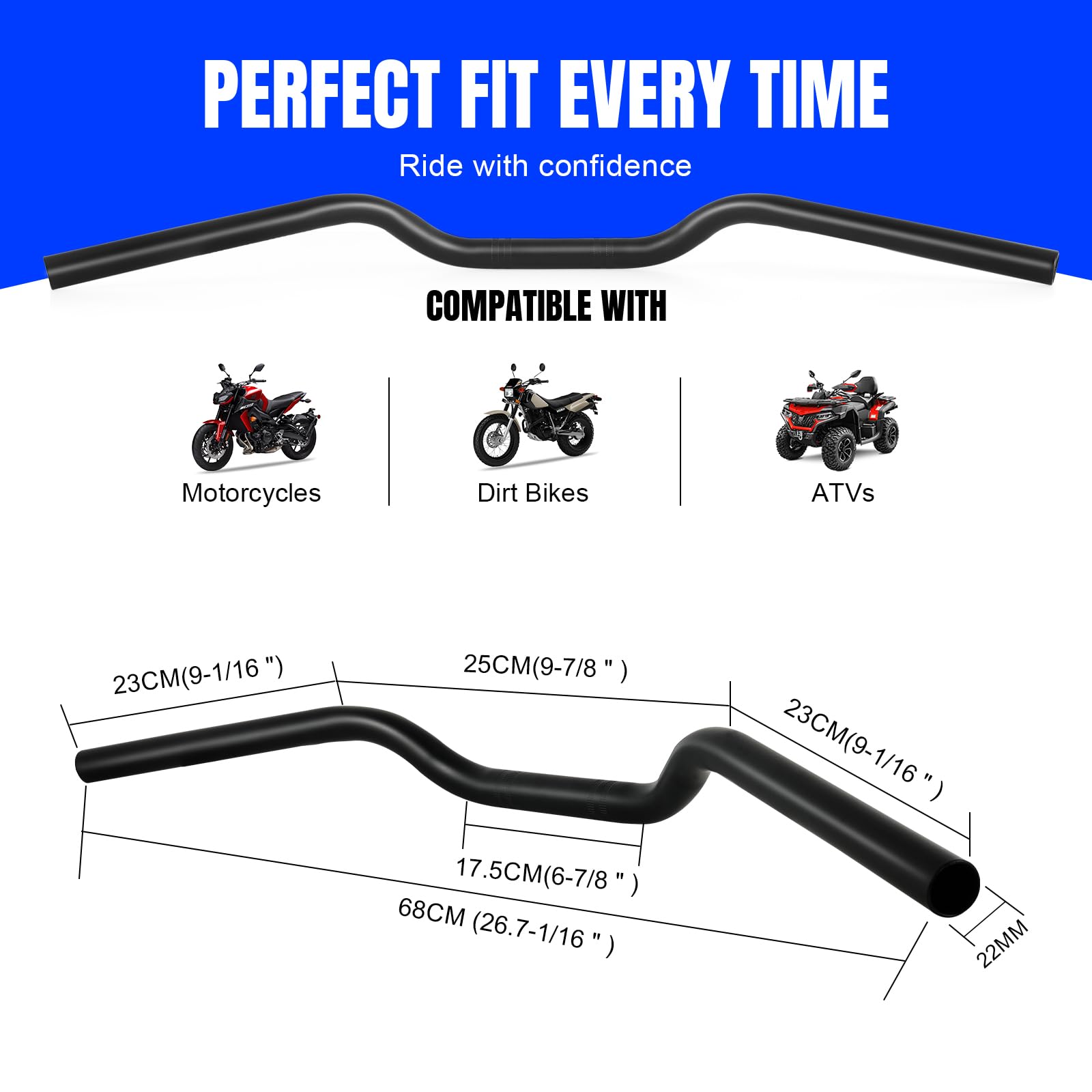 DREAMIZER Manillar de Motocicleta de 7/8" 22mm Universal para Cafe Race Bobber Motocross Dirt Pit Bike ATV Ebike Mini Bike, Negro