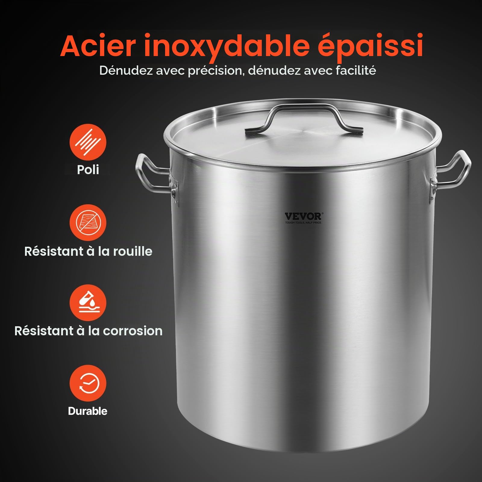 VEVOR Marmite en Acier Inoxydable 60,5 L avec Panier, Couvercle et Poignée, Faitout de Qualité Commerciale, Pot de Cuisson avec Traitement de Ponçage, Marmite Traiteur pour Grands Événements, Argent