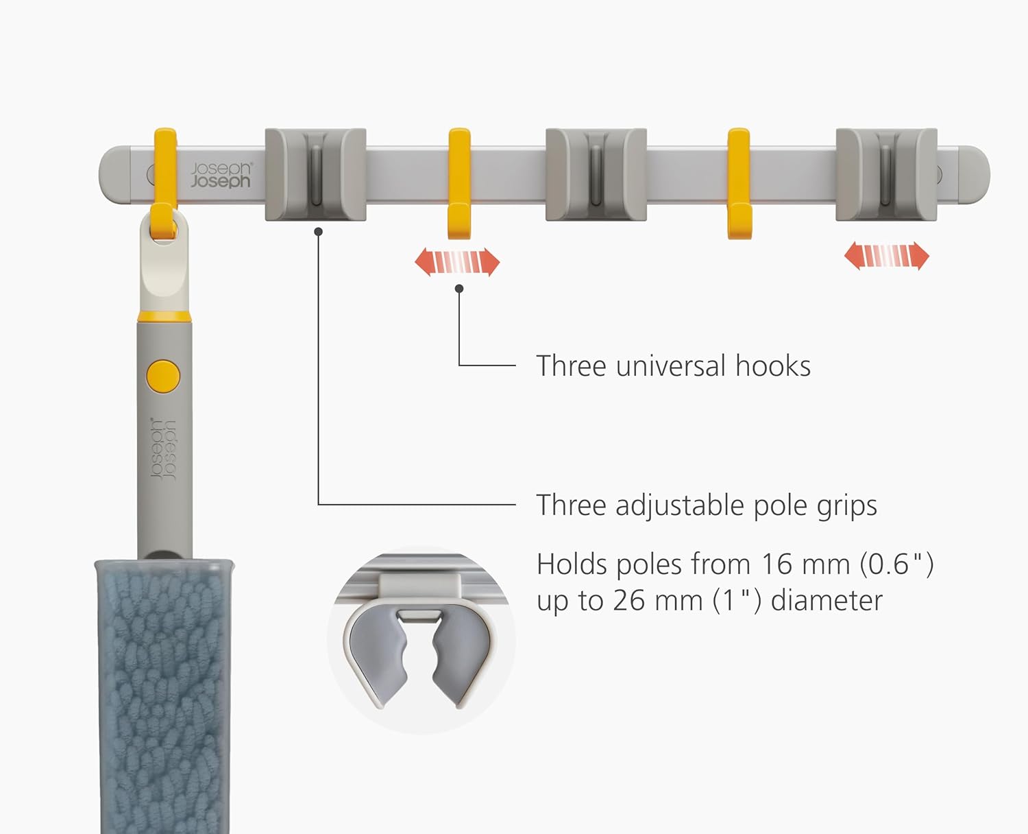 Joseph Joseph CleanTech Cleaning Utility Tool Storage Rail, Organizer Rack with 3 Adjustable Grips and 3 Hooks, Screws Included