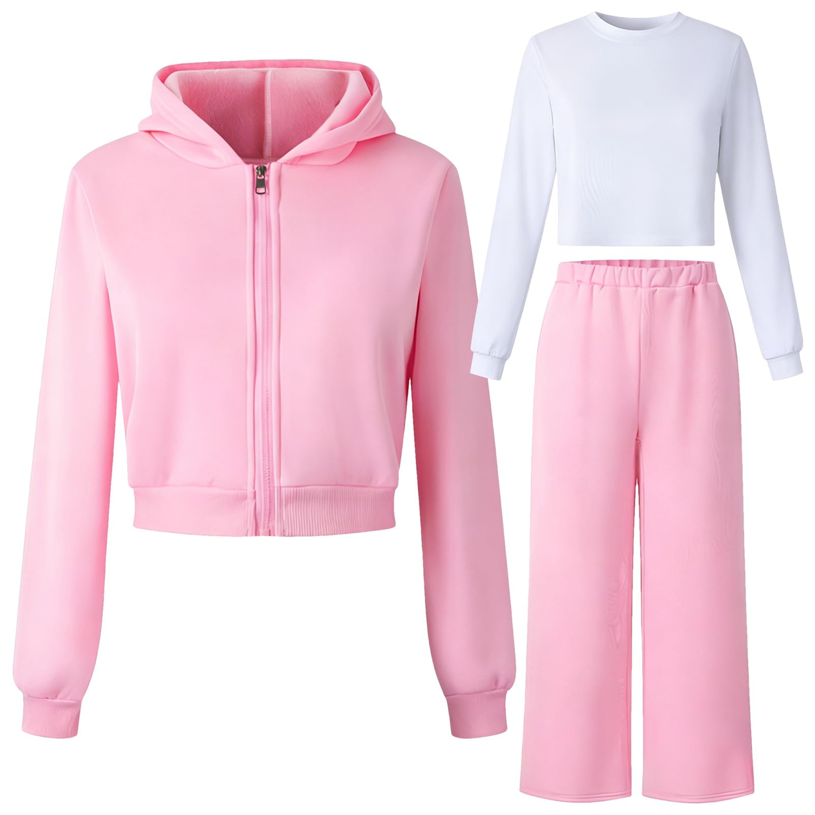 amropi Ensemble 3 Pièces Fille Sweat à Capuche et T-Shirt et Pantalon Large Survêtement Tenue de Sport pour 7-12 Ans