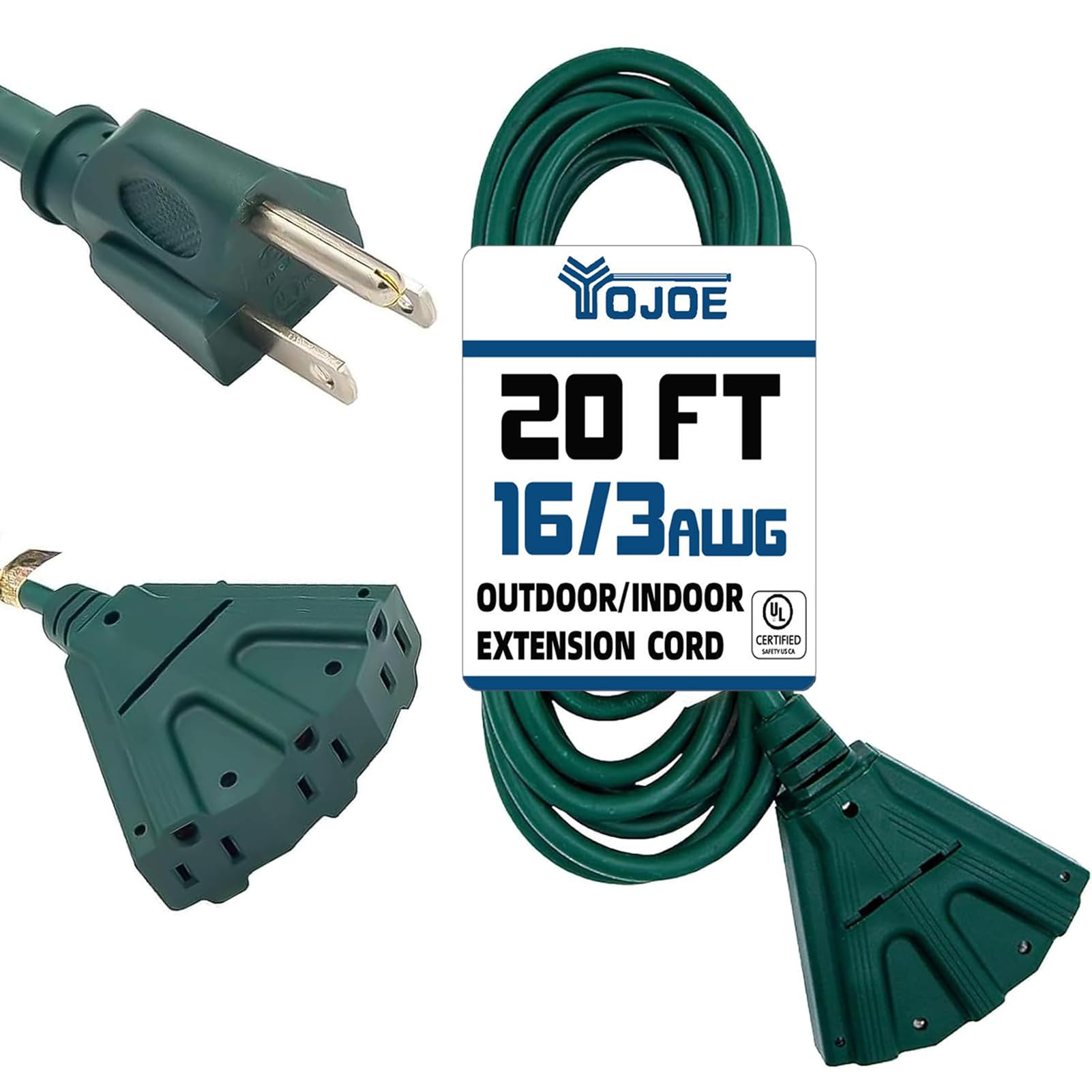 YOJOE 3-Outlets Indoor Outdoor Extension Cord, 3 Prong 13A Weatherproof Power Cord Multiple Outlets, 16 Gauge Heavy Duty 20 ft Green Extension Cord