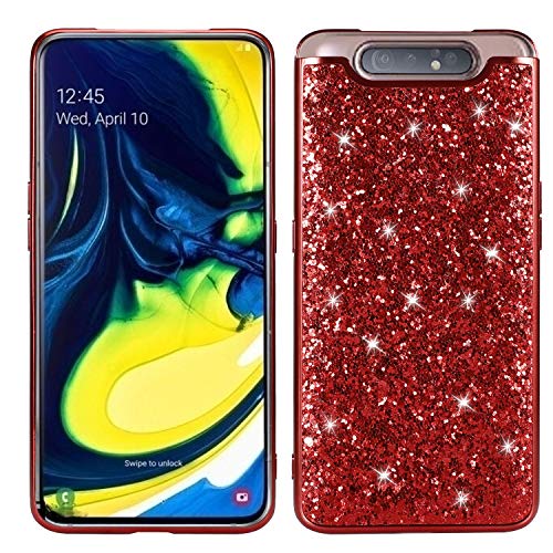 WIWJ Samsung Galaxy A80 Glitter Case,Soft Silicone Case Glitter Sparkle Sequins Rhinestones Glossy Case Soft Protective Shell Gel TPU Diamond Bumper Back Cover Female Shell -Red