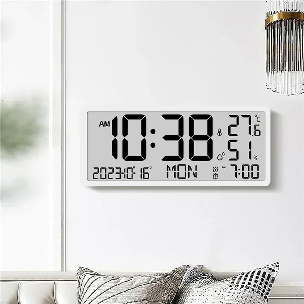 LCD Digital Electronic Awaken Clock for Temperature Humidity Date Time Display Wall Clock White
