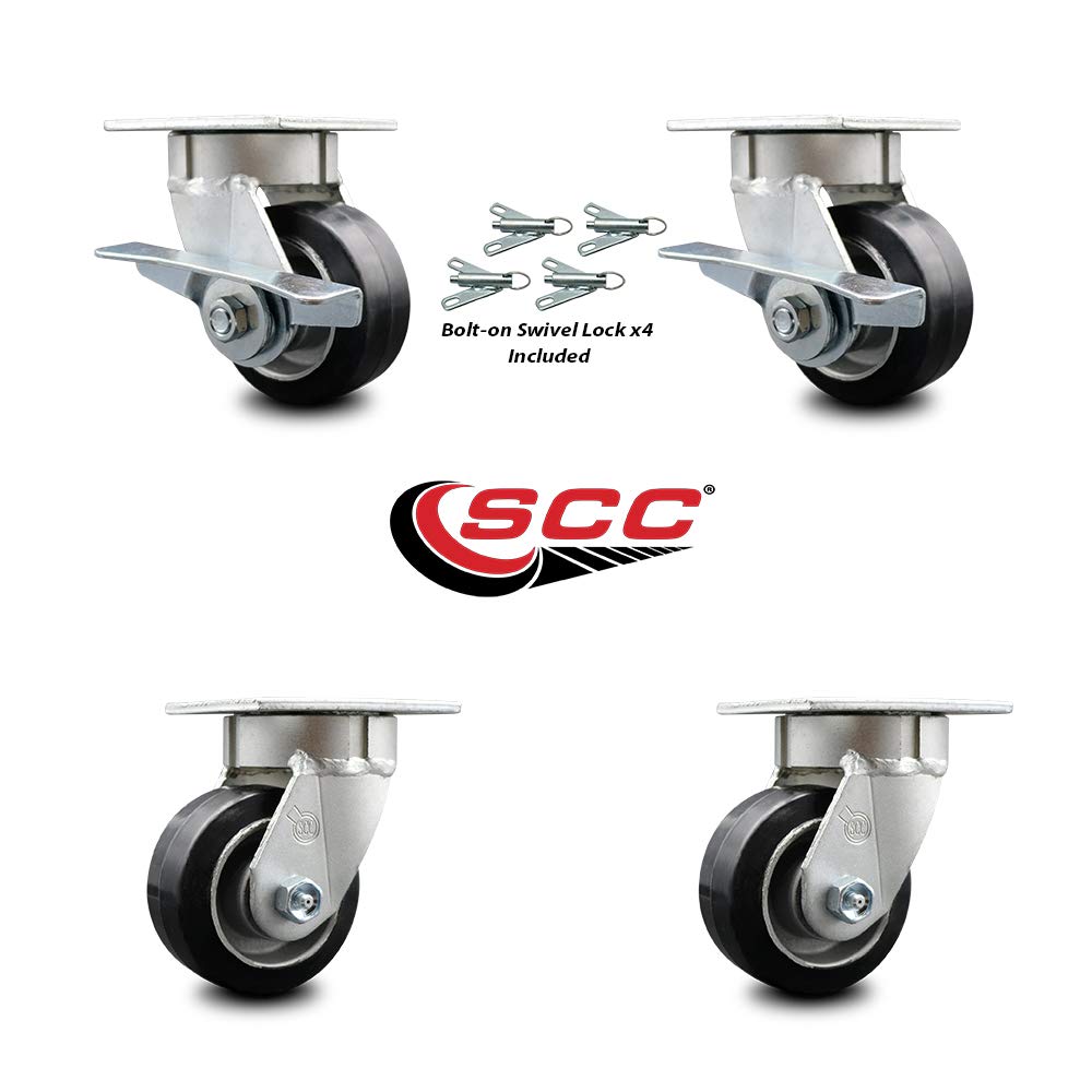Kingpinless Rubber on Aluminum Swivel Top Plate Caster Set 4 w/4" x 2" Black Wheels-Includes 2 Swvl w/Brakes and Bolt on Swvl Lcks& 2 Swvl w/Bolt on Swvl Lcks-1600 lbs Total Cpty- Service Caster Brand