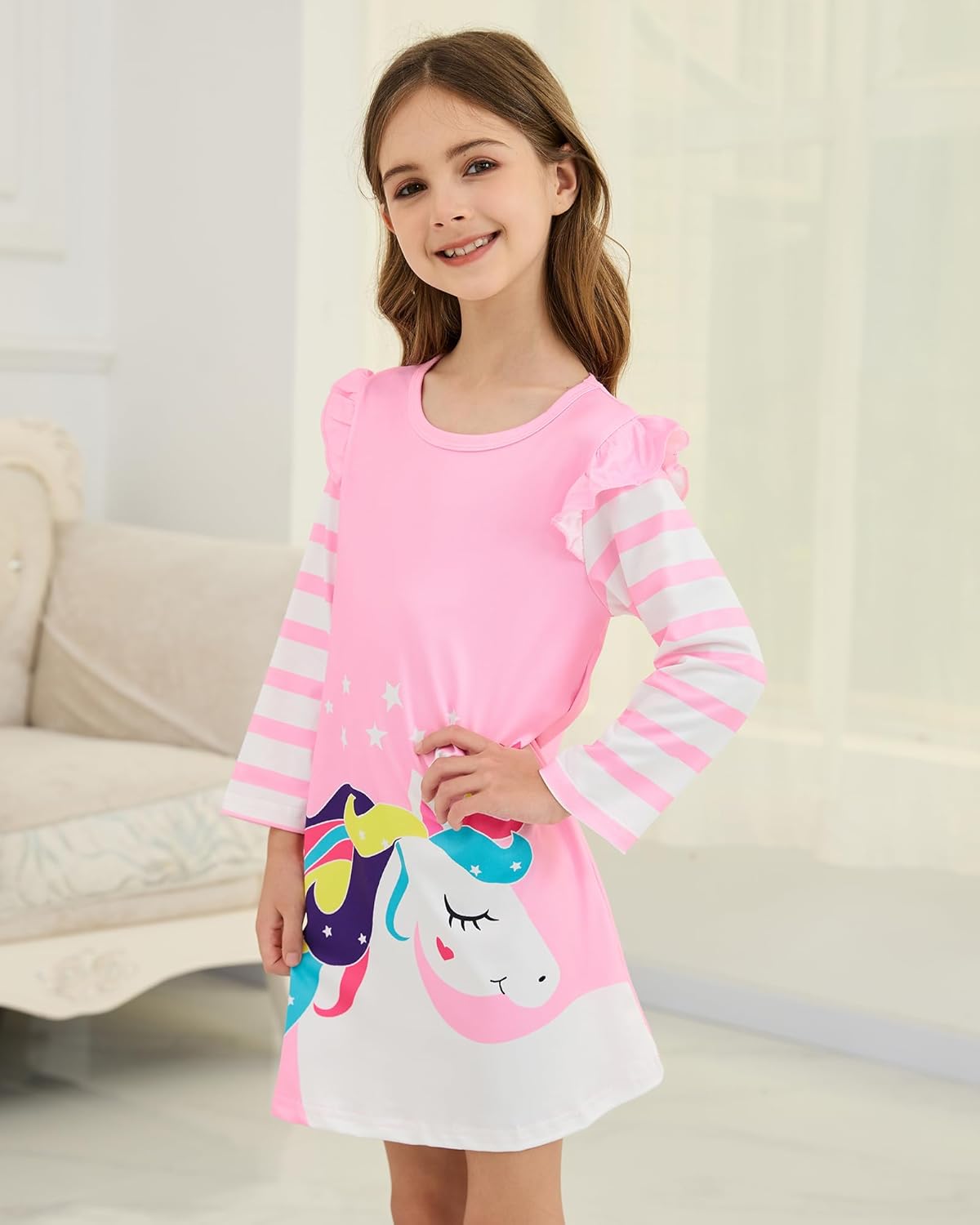Girls Long Sleeve Dress: 2-Pack Soft Ribbed Ruffles Unicorn Print Toddler Girl Dresses for Casual Birthday Party 2-7Y - Image 4