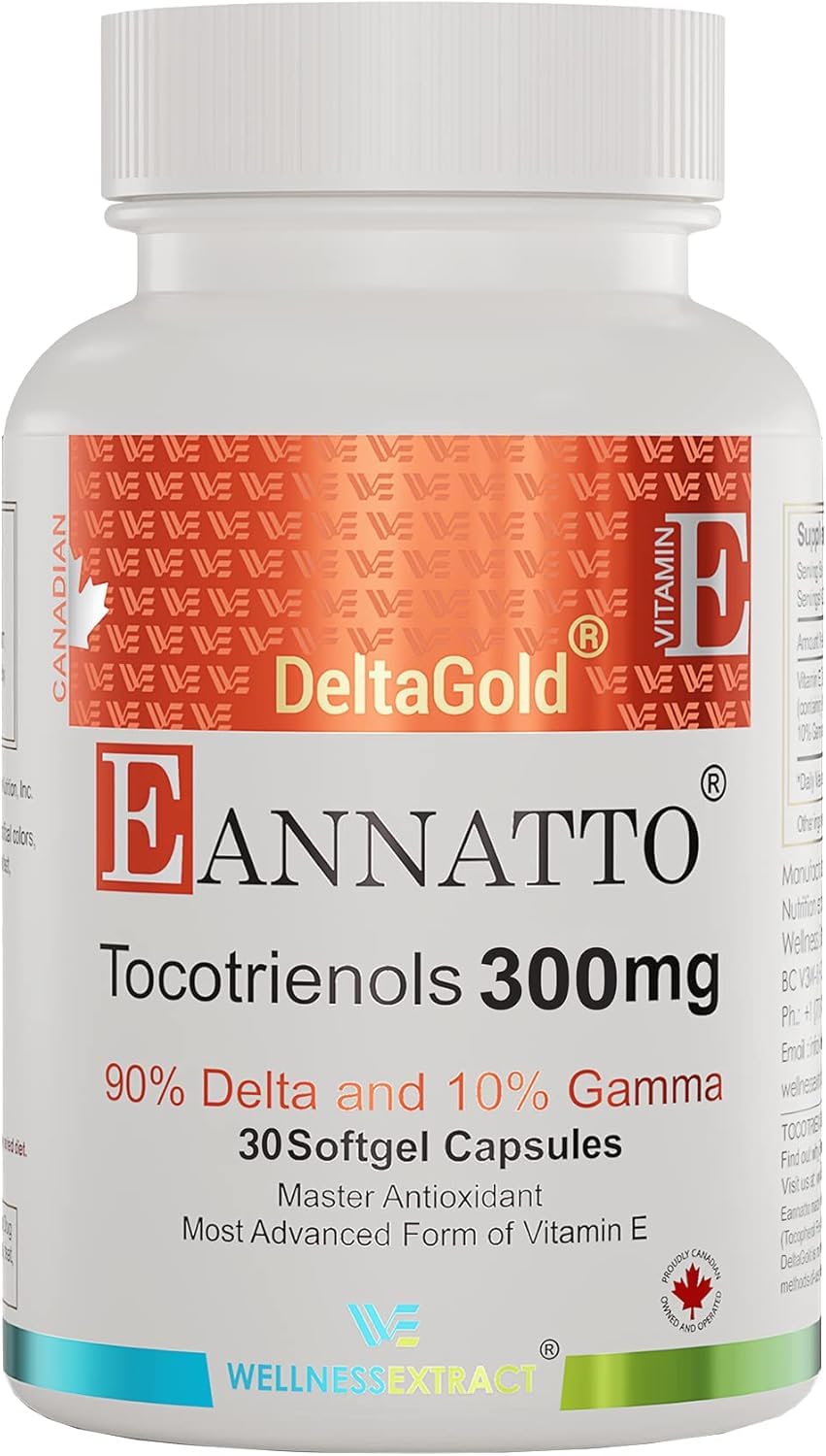 E Annatto Tocotrienols Deltagold 300mg Vitamin E Tocotrienols Supplements Softgel Capsules, Tocopherol Free, Supports Immune Health & Antioxidant Health (90% Delta & 10% Gamma) (300 MG 30 Softgels).