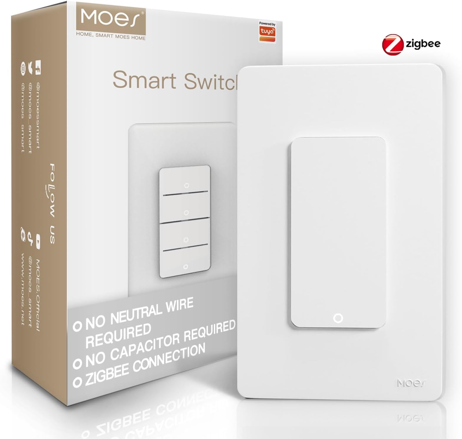 MOES Zigbee Smart Switches, No Neutral Wire, Require MOES Zigbee Hub Inteligente Single Pole Light Switch, Compatible with Alexa Google Assistant, Support Tuya Smart Life