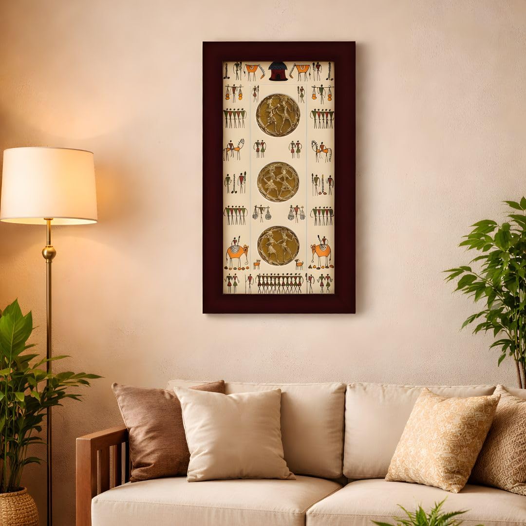Tarang Arts Warli Art Tribal Wall Hanging Frame with Dhokra Metal Medallions, Traditional Indian Folk Art Decor, Dark Brown Wood Frame, 3 Brass Circles 2