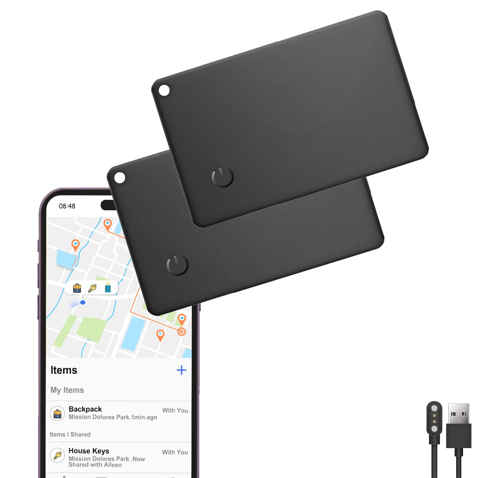 Tarjeta de rastreador de monederos, 2 unidades, buscador de billetera recargable, Find My (solo iOS), rastreador de teléfono móvil, IP67 resistente al agua, clasificador de objetos para