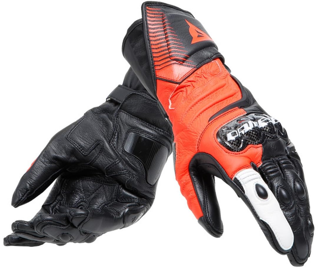 DAINESE - Carbon 4 Long Gloves, Long Leather Sport Motorcycle Gloves, Carbon Knuckle Protectors, Man, Black/Fluo-Red/White, XXXL