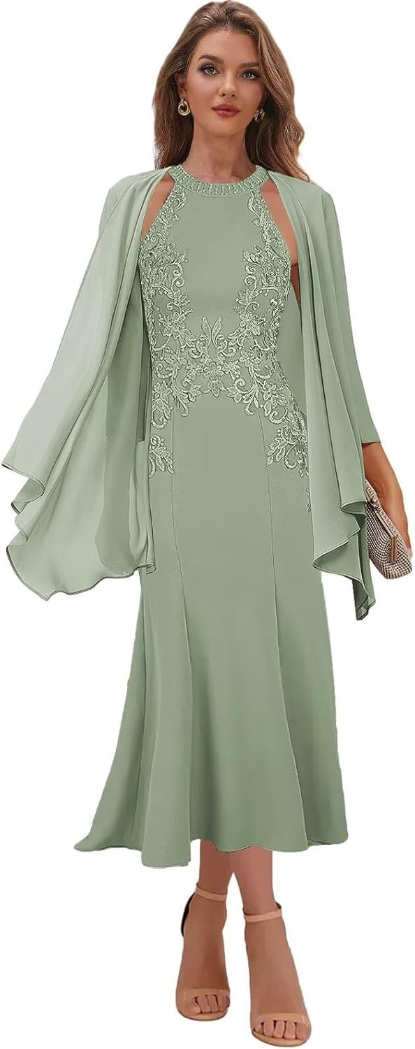 2 Pcs Mother of The Bride Dresses Tea Length - Halter Lace Applique Mermaid Satin Wedding Guest Formal Dress with Jacket