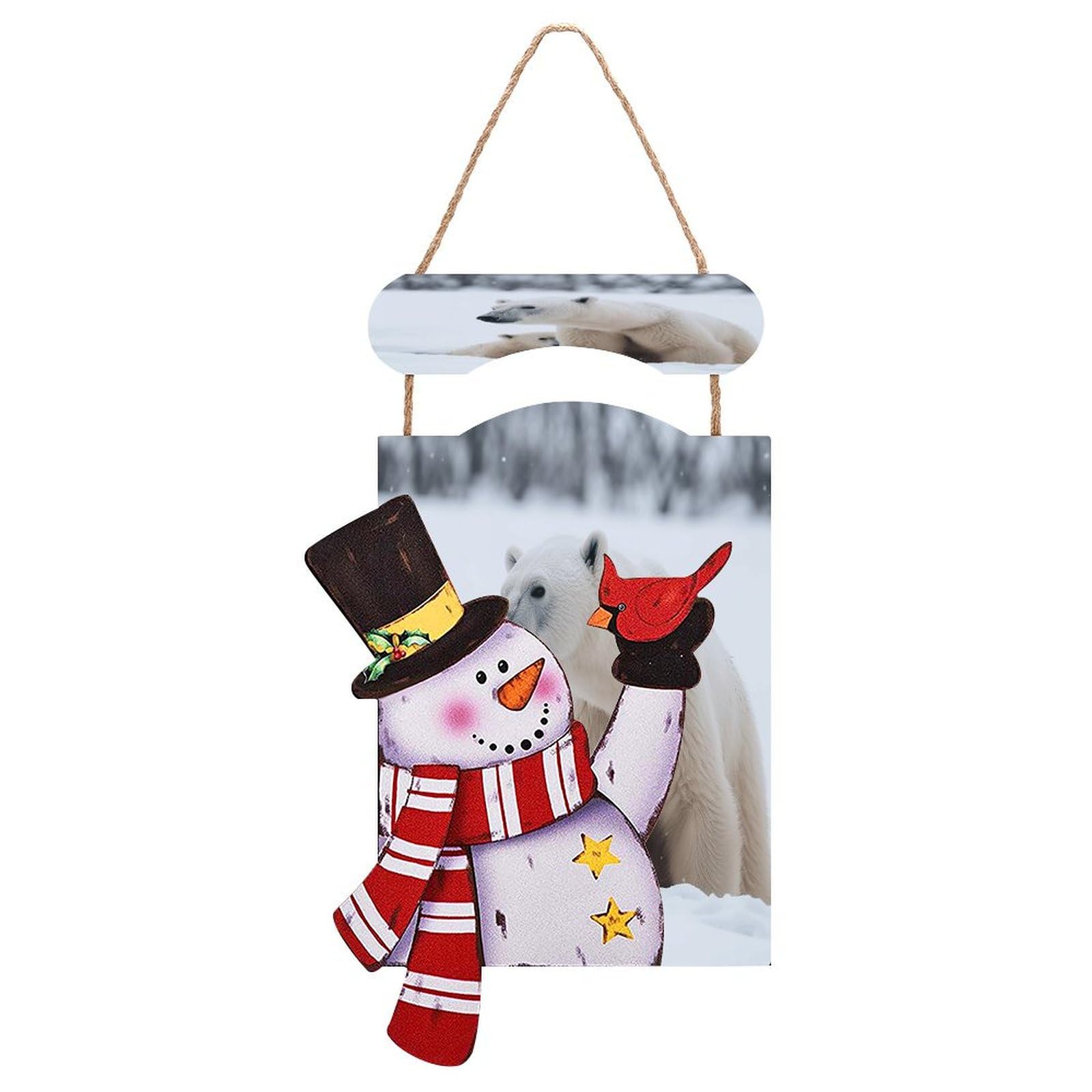 Panneau de Noël en bois bonhomme de neige et ours polaire pour décoration murale
