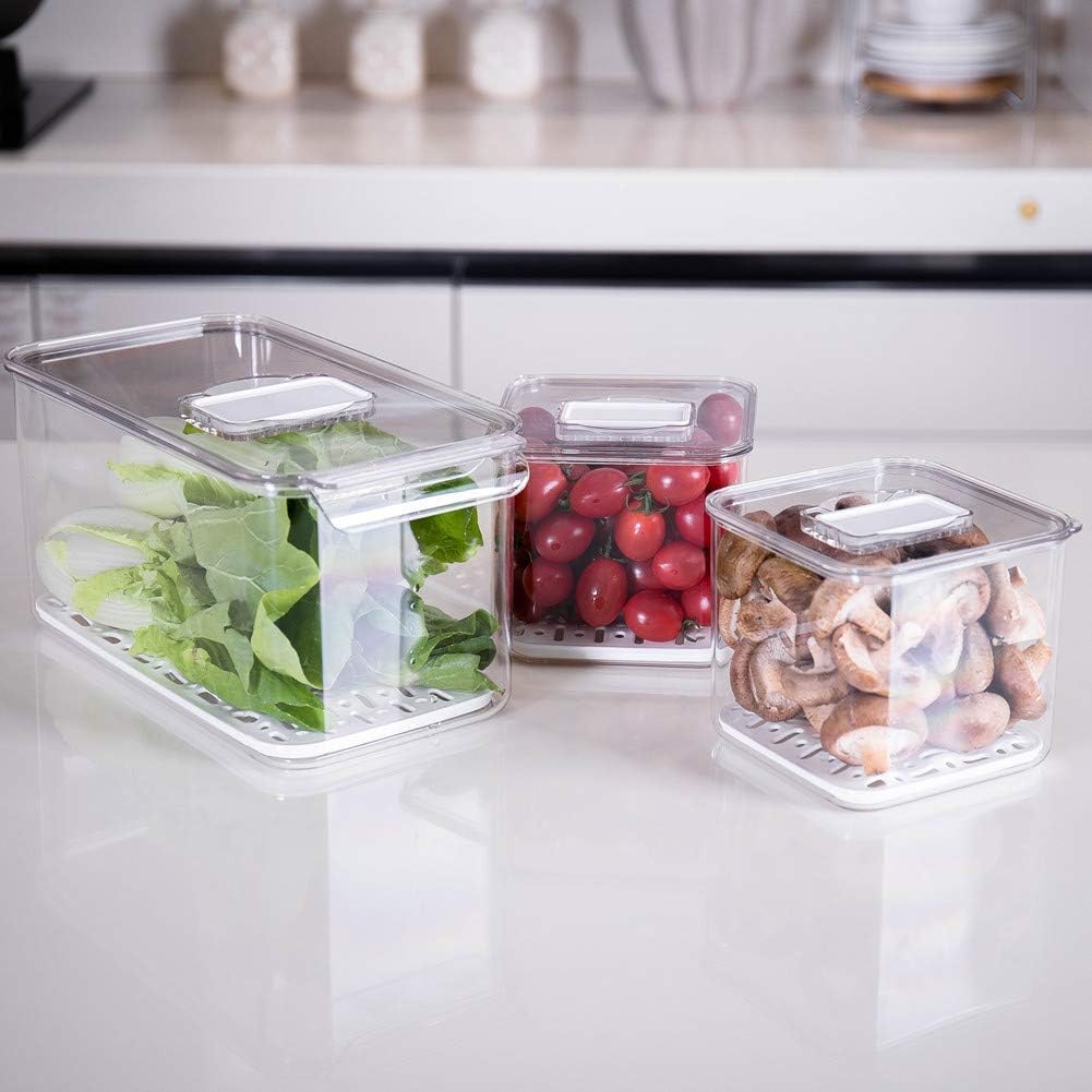 Produce Saver Containers, MONOKIT Produce Keeper Lettuce Fridge Storage Containers with Removable Drain Tray for Refrigerator,Fruits and Vegetables 3pcs.