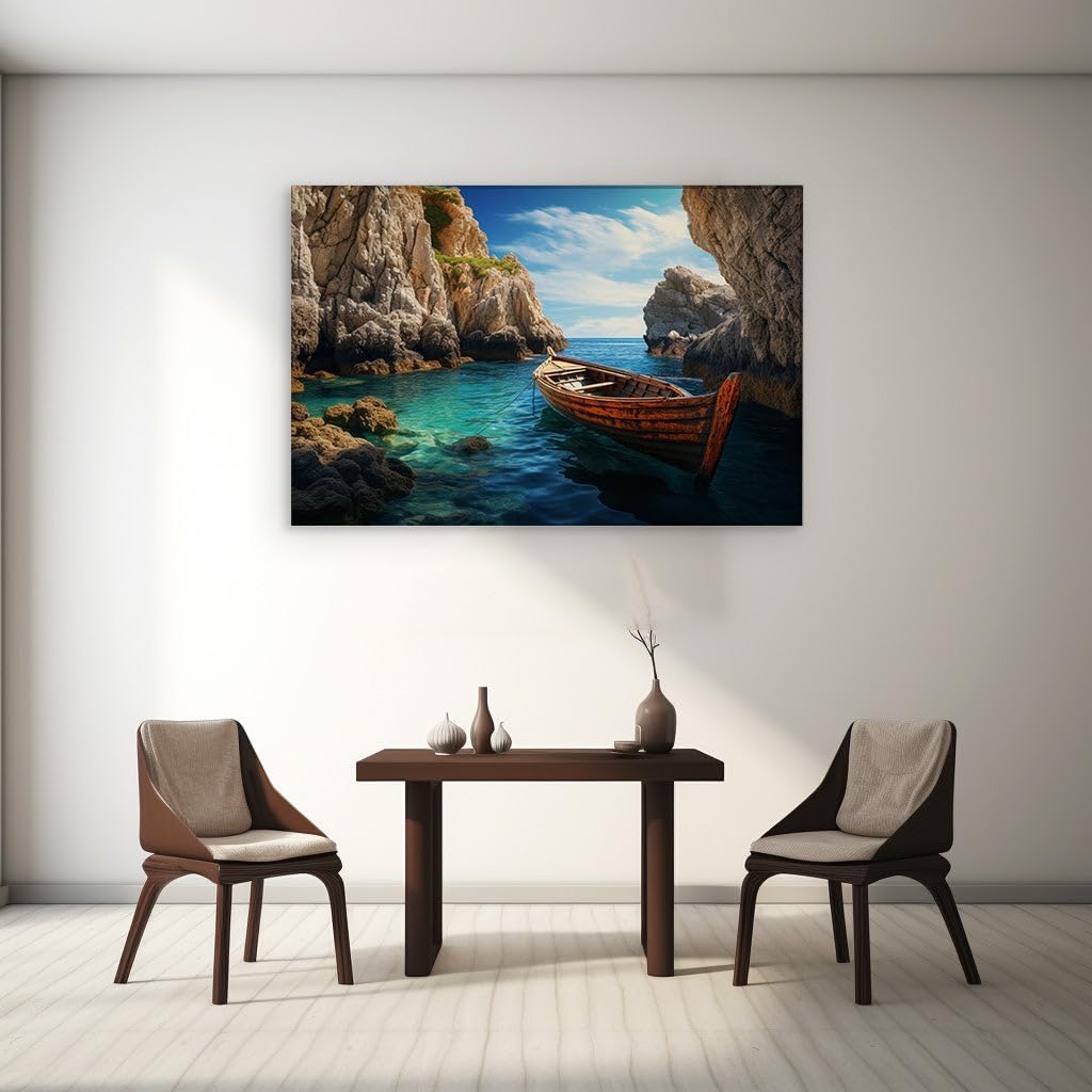 Canvas for Living room. Serene Cove Escape: A Small Boat�s Peaceful Journey Between Rocky Cliffs, 27 x 18 inch Canvas Wall Art - Contemporary Masterpieces - Modern Home Decor