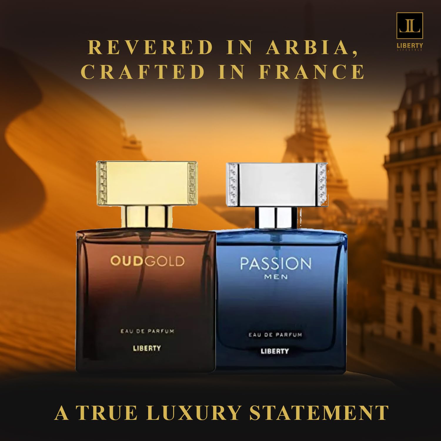 Liberty Luxury Perfume for Men Gift Set - Eau De Parfum (EDP) Spray Fragrances, OudGold and Passion Scent (50ml/1.7Oz each), Designed in France, Long Lasting Smell