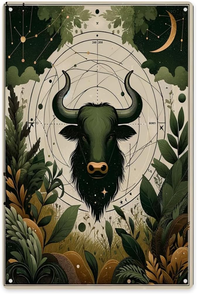 Metal tin sign,Taurus zodiac bull head with celestial circles, green leaves & starry motifs, unique wall art decor Tinplate for home, bedroom or astrological enthusiasts 6x8 inch
