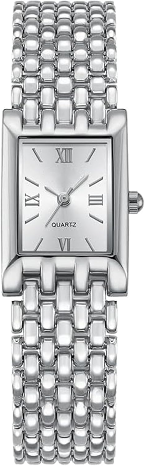 Women's Small Square Vintage Watch Gold or Silver Tone Multi Row Link Bracelet Minimalist Wristwatch with Roman Numeral Dial Elegant Gift for Ladies