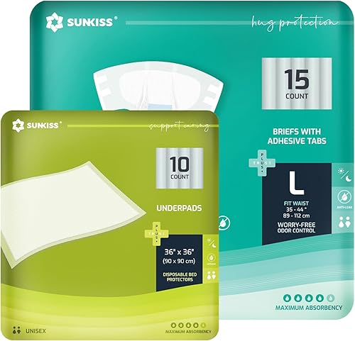 SUNKISS TrustPlus - Pañales para adultos, grandes, 15 unidades y almohadillas desechables para incontinencia de 36 x 36 pulgadas, paquete de 10