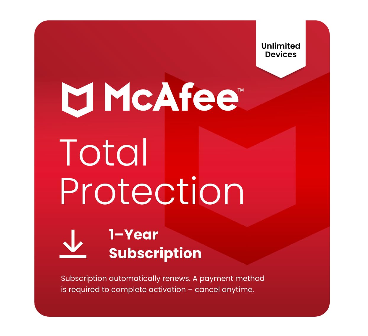 mcafee total protection unlimited devices 2025  security software includes antivirus secure vpn scam protection identity monitoring  1-year subscription with auto-renewal  download