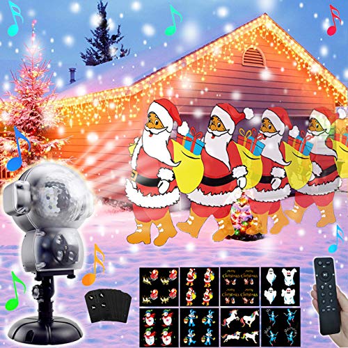 AIDERLY Christmas Halloween Music 8 Patterns Snow Projector LED Lights Indoor Outdoor Animated Rotating Snowfall Light with Remote for Landscape Xmas Decorations Stage Holiday Wedding Birthday Party