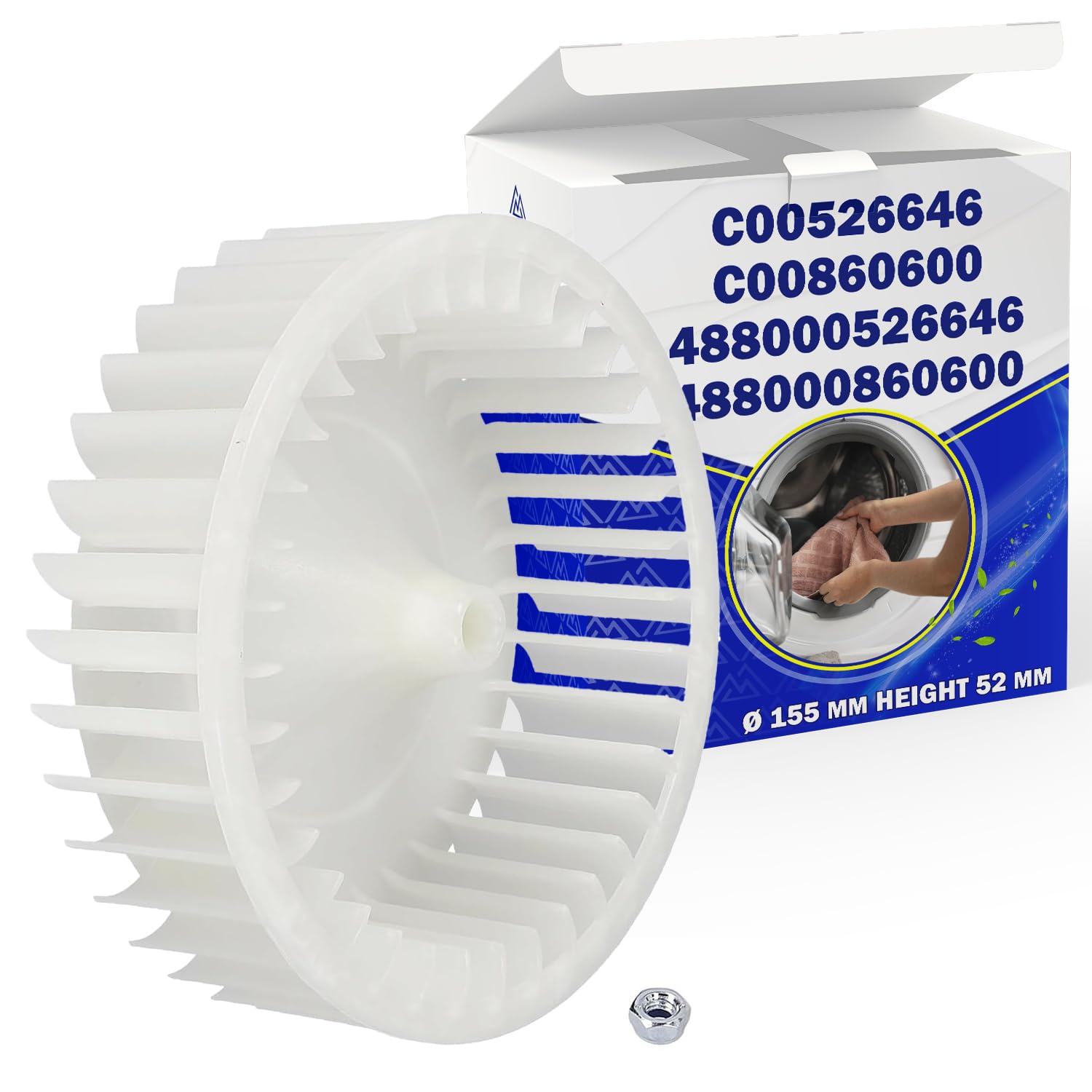 Lüfterrad für Trockner Ø 155 mm mit dem Originalcode C00526646 C00860600 für Indesit 488000526646 488000860600 für Whirlpool - Garantie 10 Jahre - MONTERAL