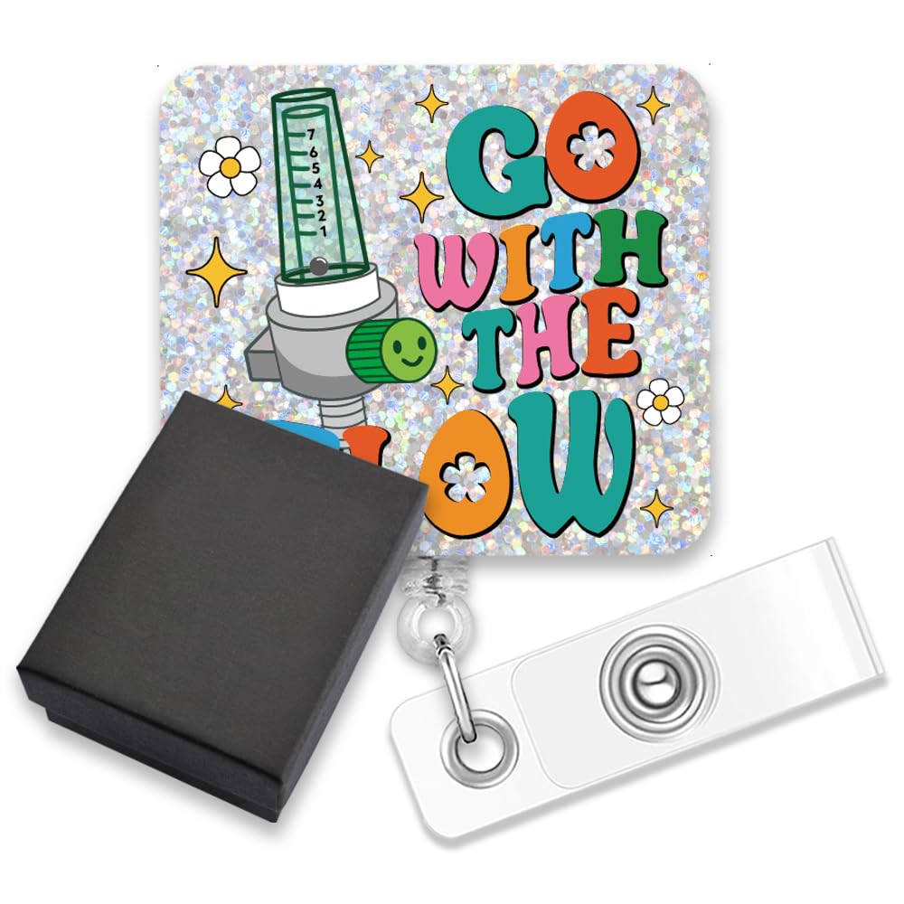 AGMDESIGN Go with The Flow Funny Badge Reel Retractable Alligator Clip, Respiratory Therapist Badge Reel for ICU Doctor Nurse RN Medical Worker