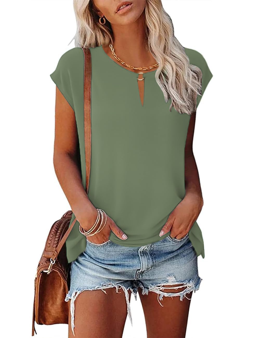 Tanmolo Damen T-Shirt Oberteile Top Sommer mit Flügelärmeln & Metallring-V-Ausschnitt Elegant Casual Shirt Bluse für Freizeit und Alltag