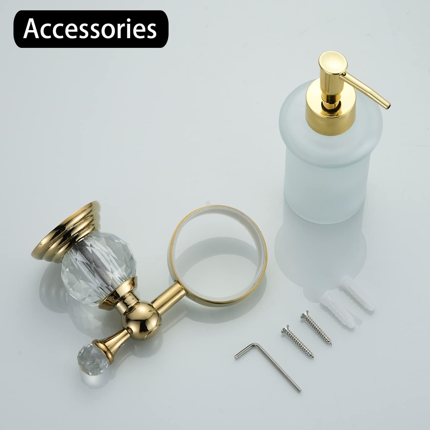 WOLIBEER Crystal Soap Dispenser Wall Mounted, Polished Gold Liquid Soap Holder Bathroom 8.5 OZ Glass Bottle with Pump Stainless Steel - Image 9