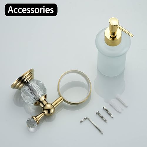 Miniatura 9 de WOLIBEER Dispensador de jabón de cristal montado en la pared, soporte de jabón líquido dorado pulido para baño, botella de vidrio de 8.5 onzas con