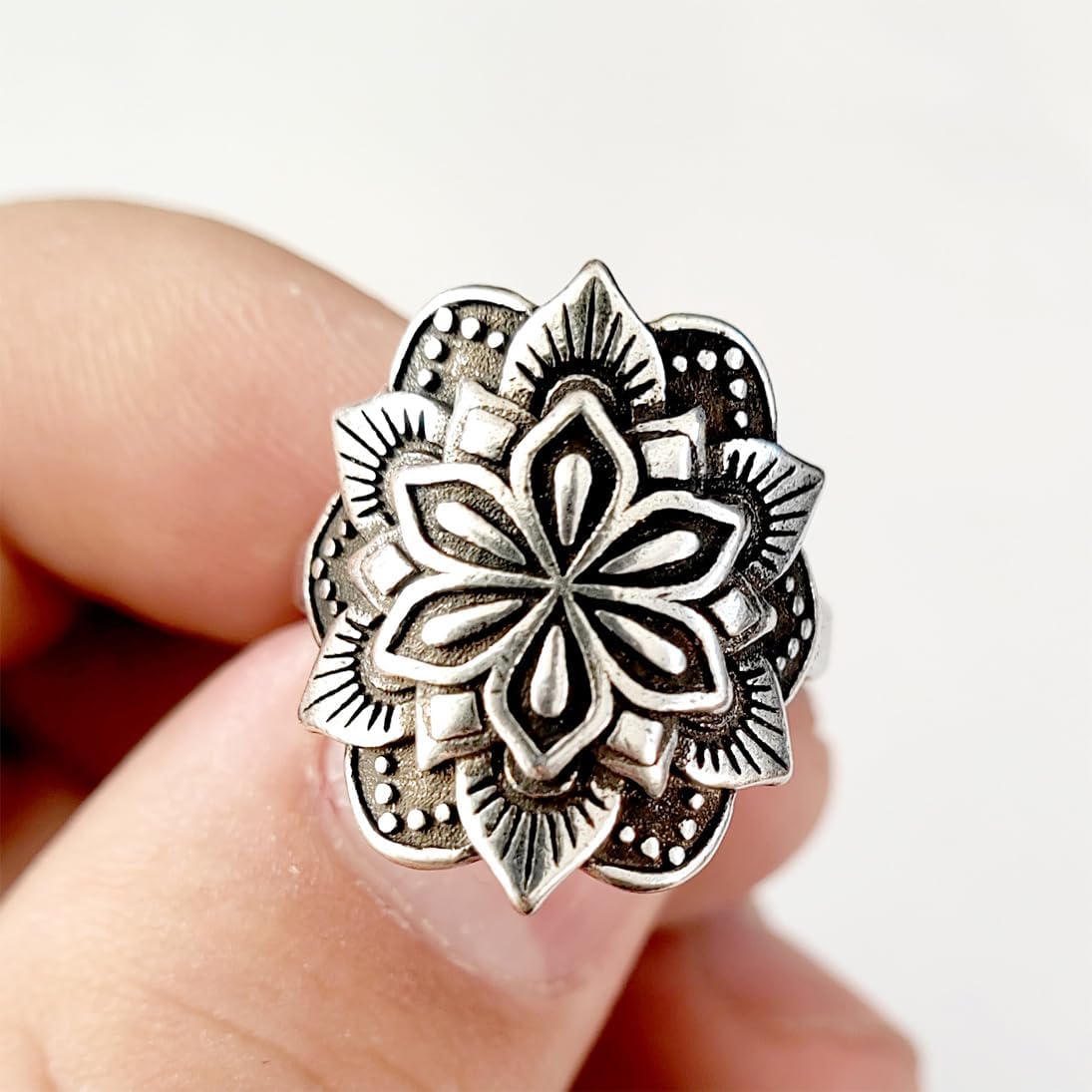 Adjustable Lotus Flower Ring,Open Retro Antique S925 Sterling Silver Mandala Bohemian Boho Ethnic Statement Ring Jewlry for Women - Image 2