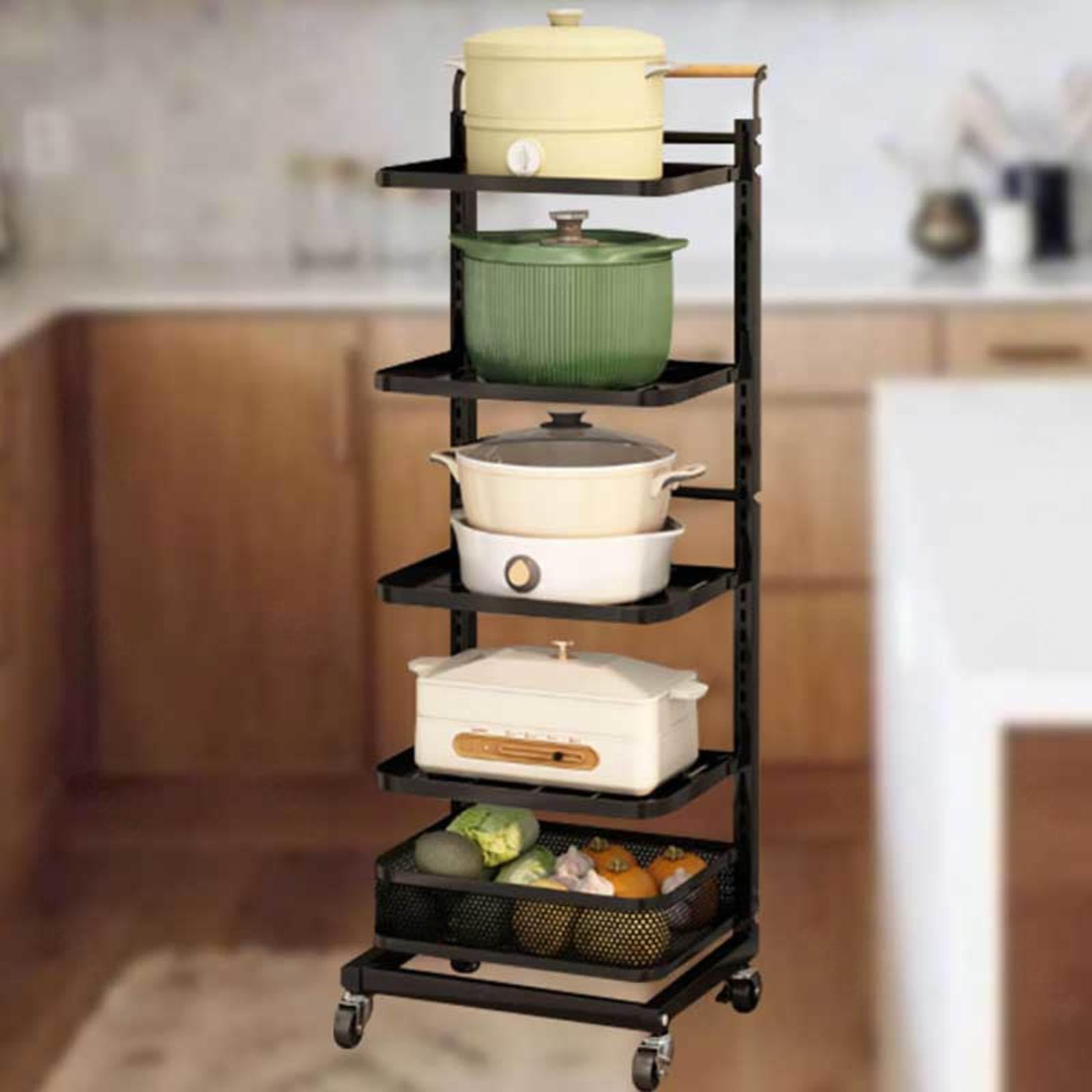 Scaffale bianco per forno a microonde su ruote, per cucina, con 5 ripiani e 1 cestello, soluzione salvaspazio per Smals