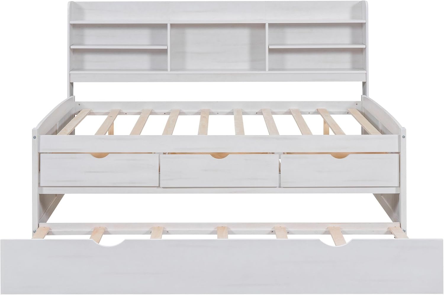 Full Size Captain Bed, Wood Platform Bed Frame Mattress Foundation Sleigh Bed with Built-in Bookshelves,Three Storage Drawers and Trundle/Wood Slat Support for Teens, Adults(White, Full)