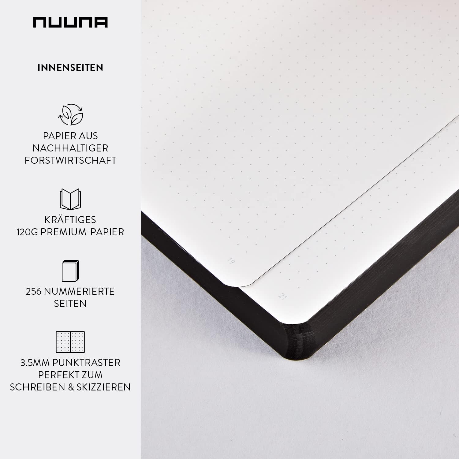 nuuna Notebook A5+ | Graphic Thermo L - Hot Stuff | 3.5 mm Dot Grid | 256 Numbered Pages | 120 g Premium Paper | Leather White | Motif Changes Colour | Thermosensitive, 165 x 220 mm (55454)