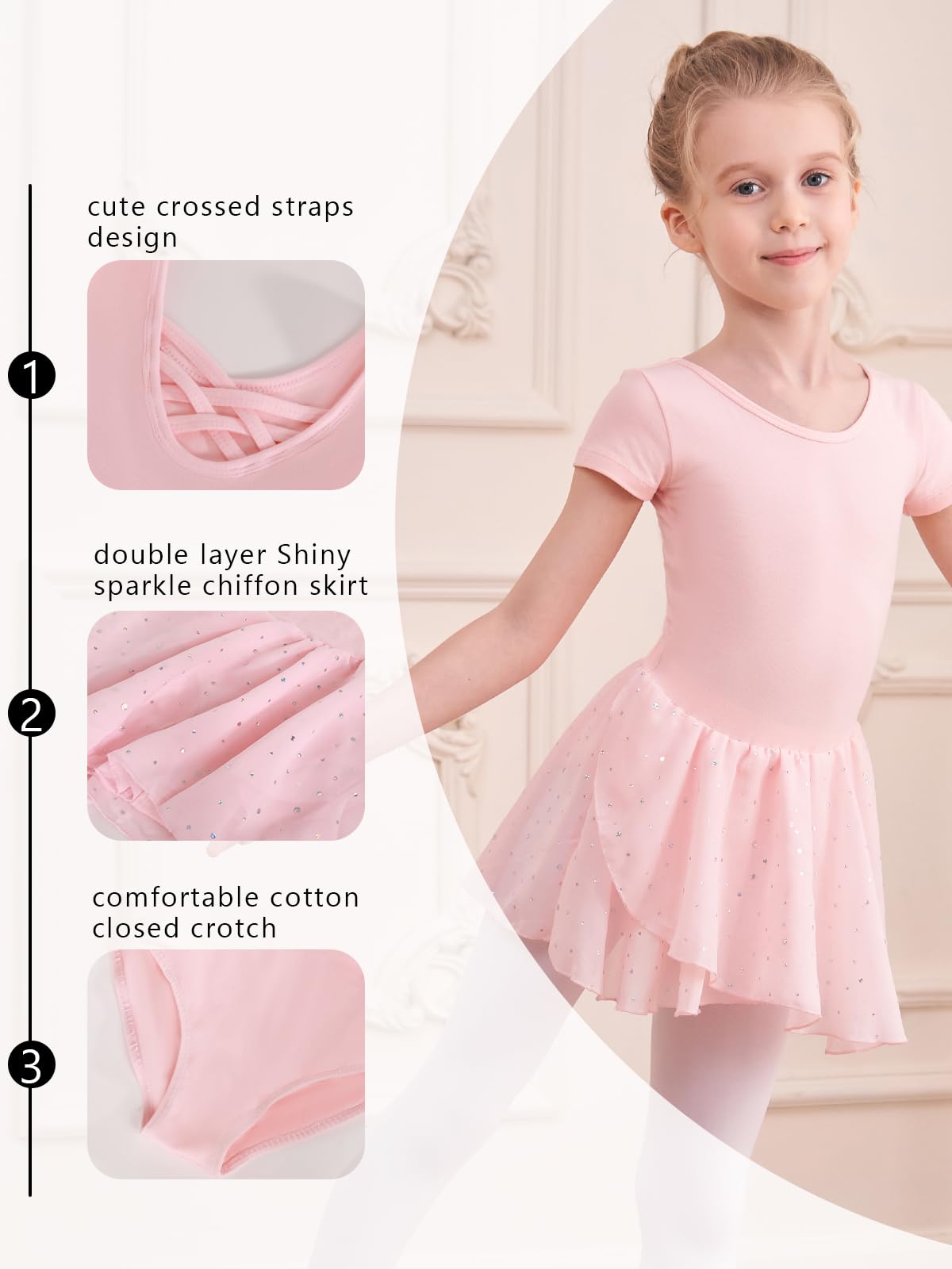 Ragazza Vestito da Balletto Balletto Leotard Vestito Danza Tutu Body Ginnastica Cotone Manica Corta con Chiffon Gonna per Ragazze