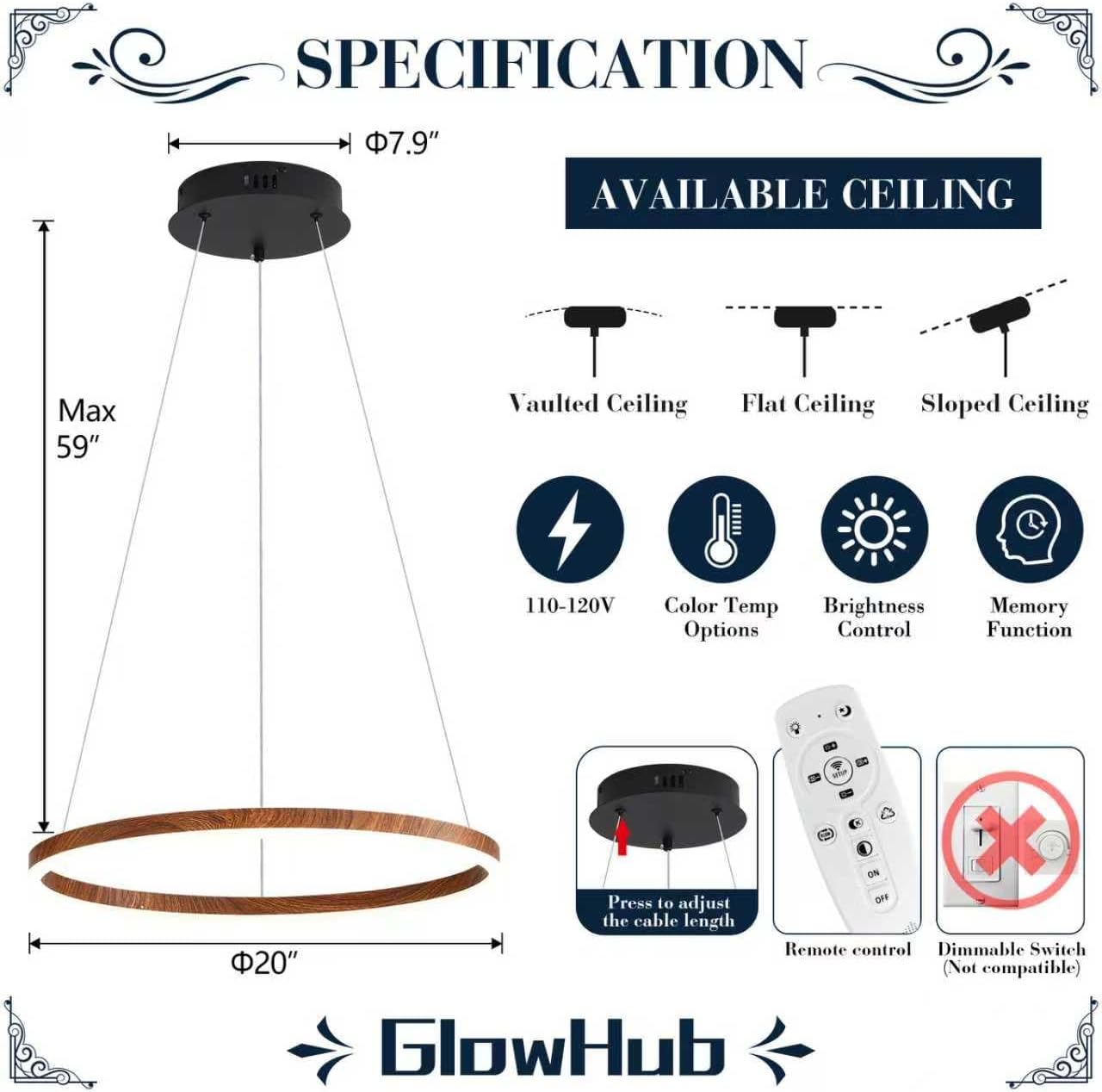 Modern LED Chandelier, 1-Ring LED Pendant Light Fixture with Remote Control, Farmhouse Wood Painted Round Chandelier for Dining Room, 20 Inches Circle Hanging Light for Foyer Kitchen
