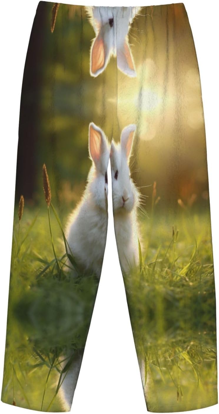 Cute White Rabbit Print Cozy Christmas Pajama Pants,Flannel Pajama Bottoms,Cater To Various Body Types