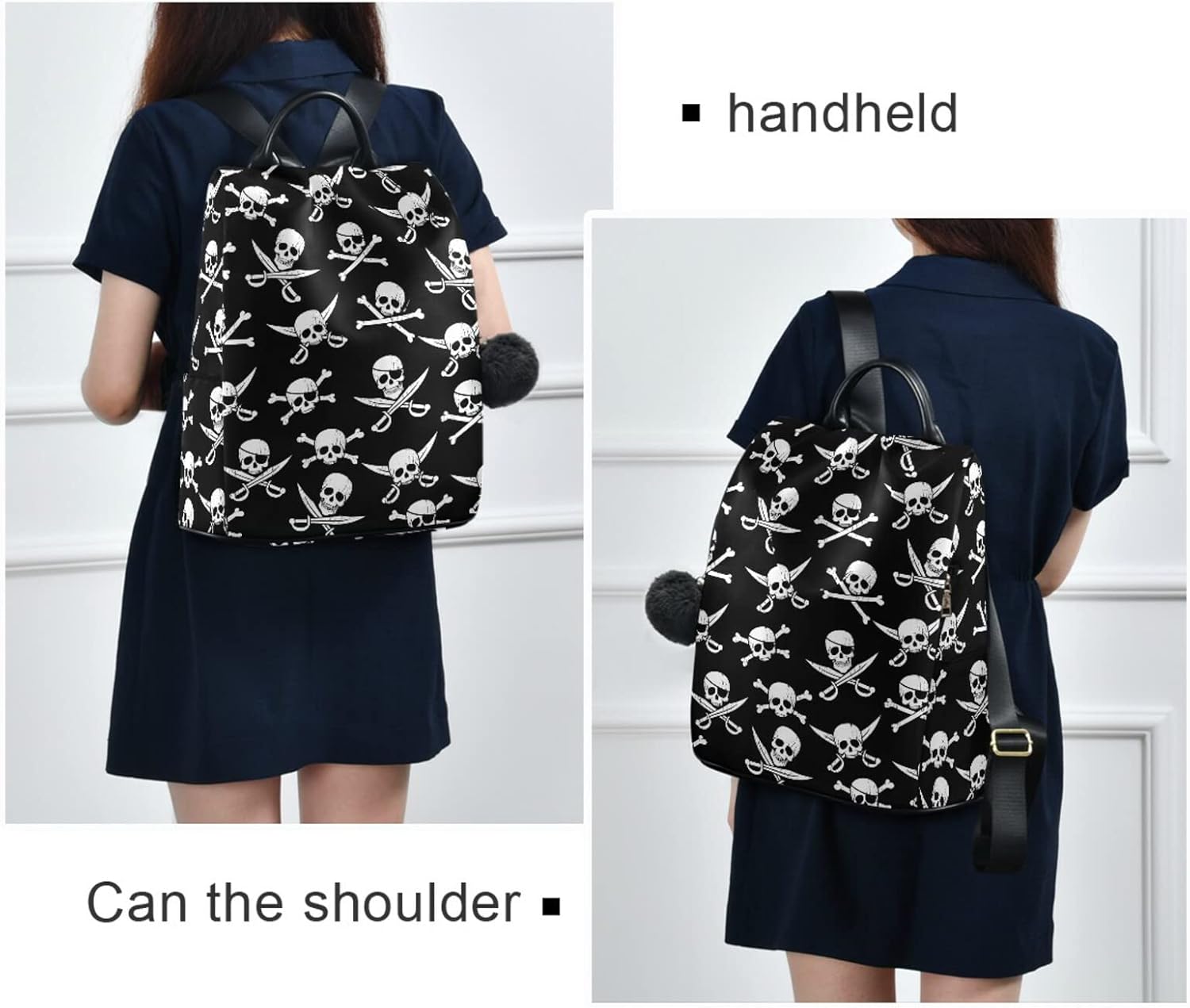 CBBYY Pirate Skull Backpack Purse for Women Nylon Anti-theft Travel Backpack Lightweight Shoulder Bag with Plush Ball Keychain
