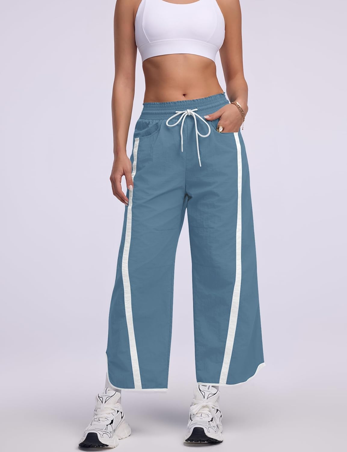 LOMON Womens Baggy Wide Leg Pants 2026 Lightweight Drawstring Contrast Color Elastic Waisted Y2K Track Pants with Pockets - Image 5