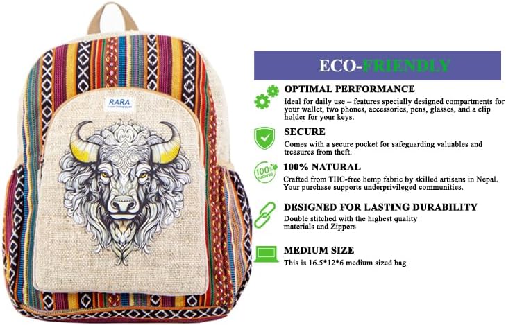 RARA Handmade-Unique design Hemp backpack, very popular in FAIR TRADE and light weight backpack from the top of Himalayas. (Brown Bison), Medium - Image 2