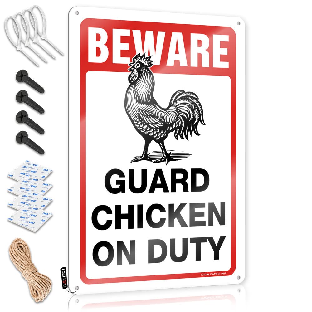 STWNVOITV Drinking Signs Funny Beware! Guard Chicken On Duty Tin Sign Decor For Man Cave Bar Sign Metal(20X30CM)