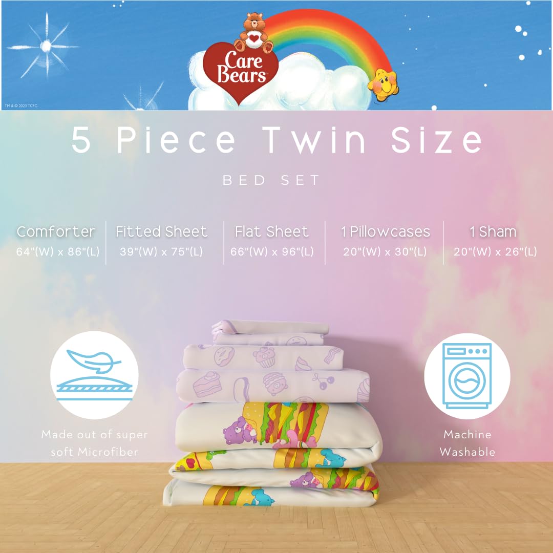 Franco „Care Bears Food Snacks“ 5-teiliges, superweiches, gemütliches, wendbares Bettdecken- und Bettlaken-Set mit Kissenbezug, Doppelbett, offizielles Lizenzprodukt, Sammlerstücke