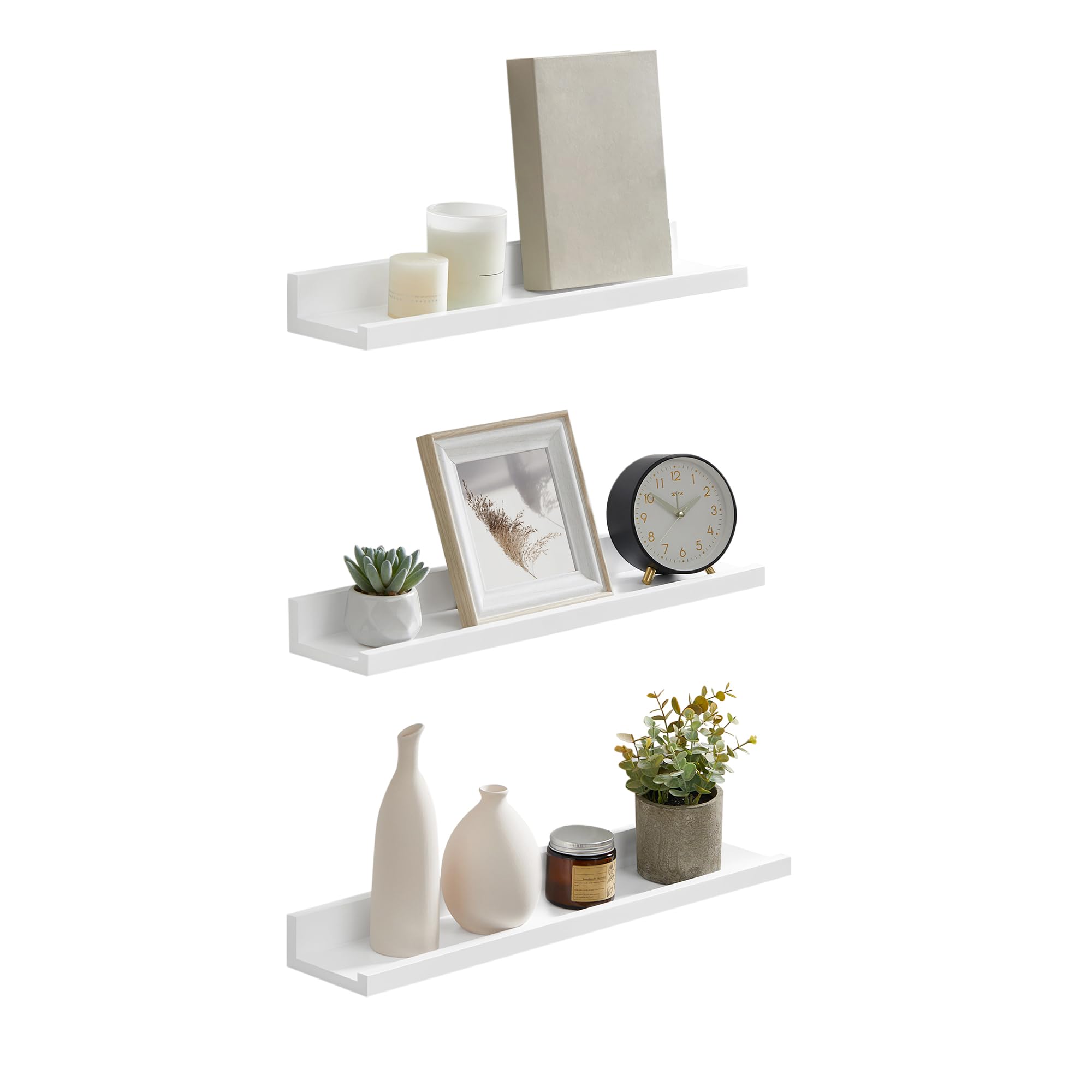 SONGMICS Wall Shelves Set of 3, Floating Shelves Ledge 15-inch Long, Picture Shelving Ledge Modern Design Storage, MDF White ULWS38WT
