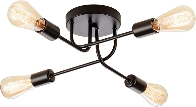 Industrial Semi Flush Mount Ceiling 4 Light with Adjustable Metal Branched Vintage Ceiling Light E27 Holder Black Painted for Kitchen Living Room Dining Room Bedroom Black(Bulb NOT Included)
