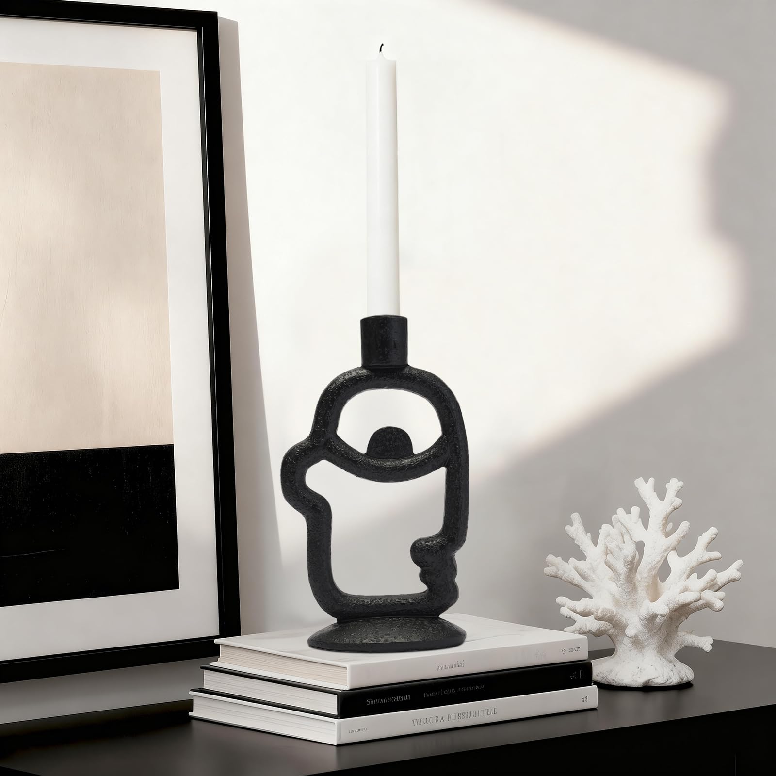 Portavelas cónico decorativo con cara – Moderno candelabro abstracto creativo para centro de mesa, soporte negro mediano para velas para decoración del hogar, comedor, fiesta, cumpleaños, regalos de